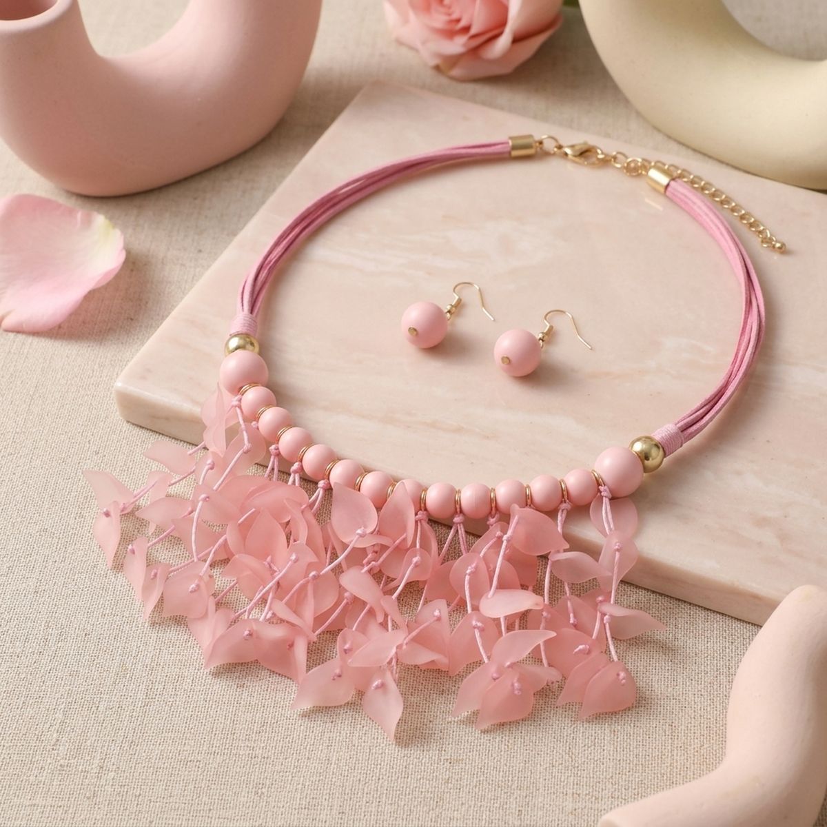 Pink Cascading Leaves Beaded Cord Necklace