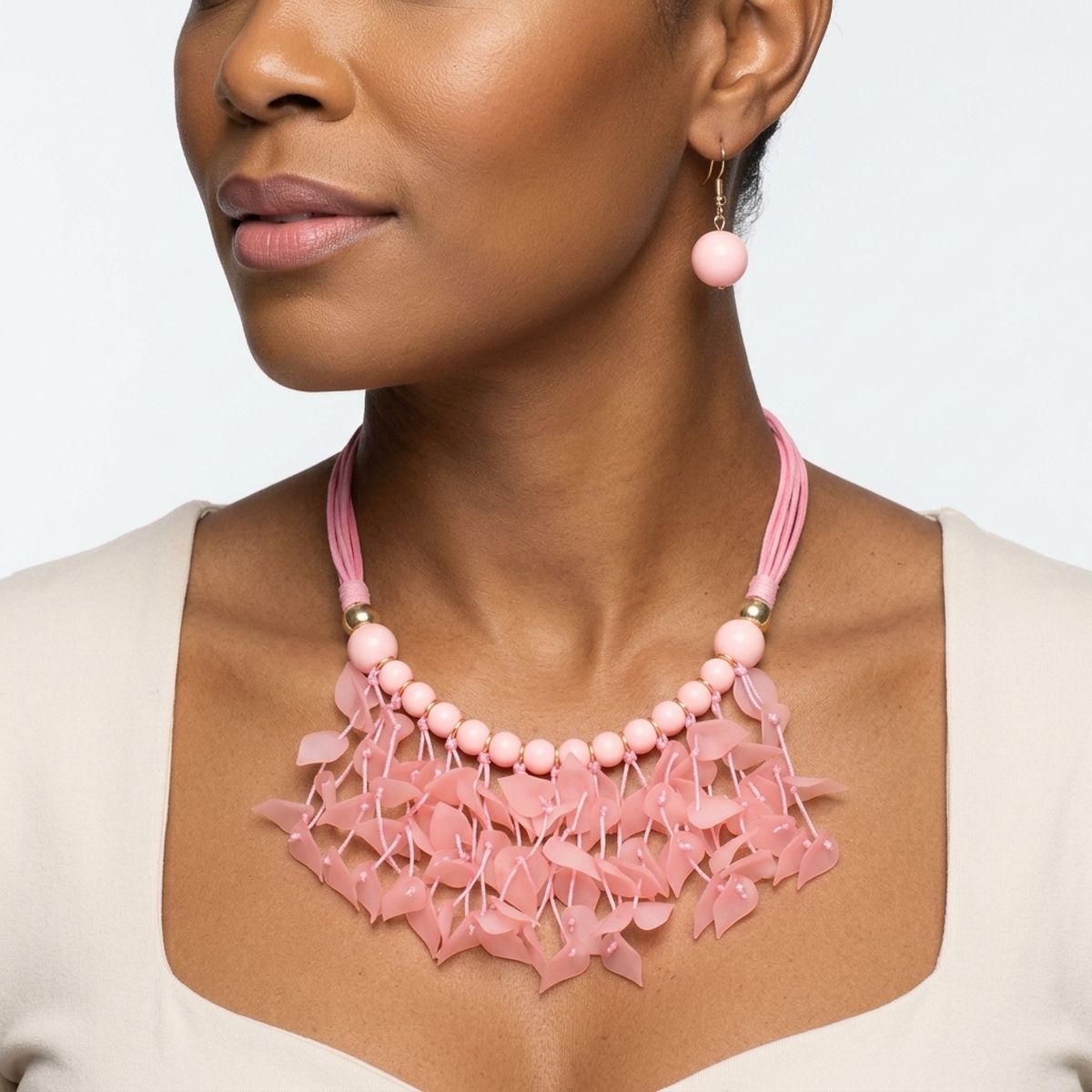 Pink Cascading Leaves Beaded Cord Necklace