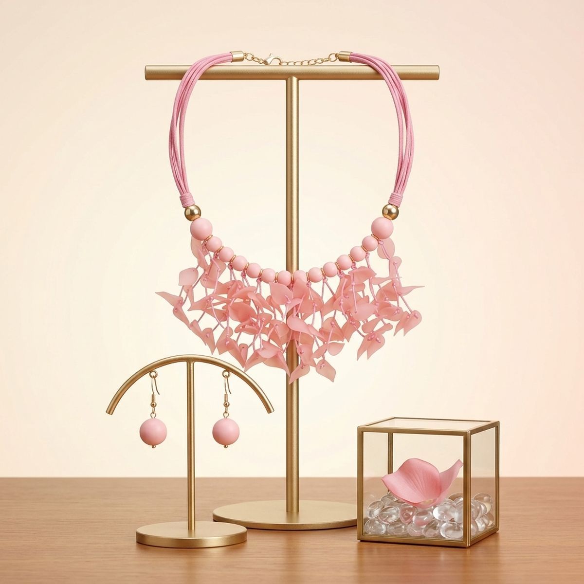 Pink Cascading Leaves Beaded Cord Necklace