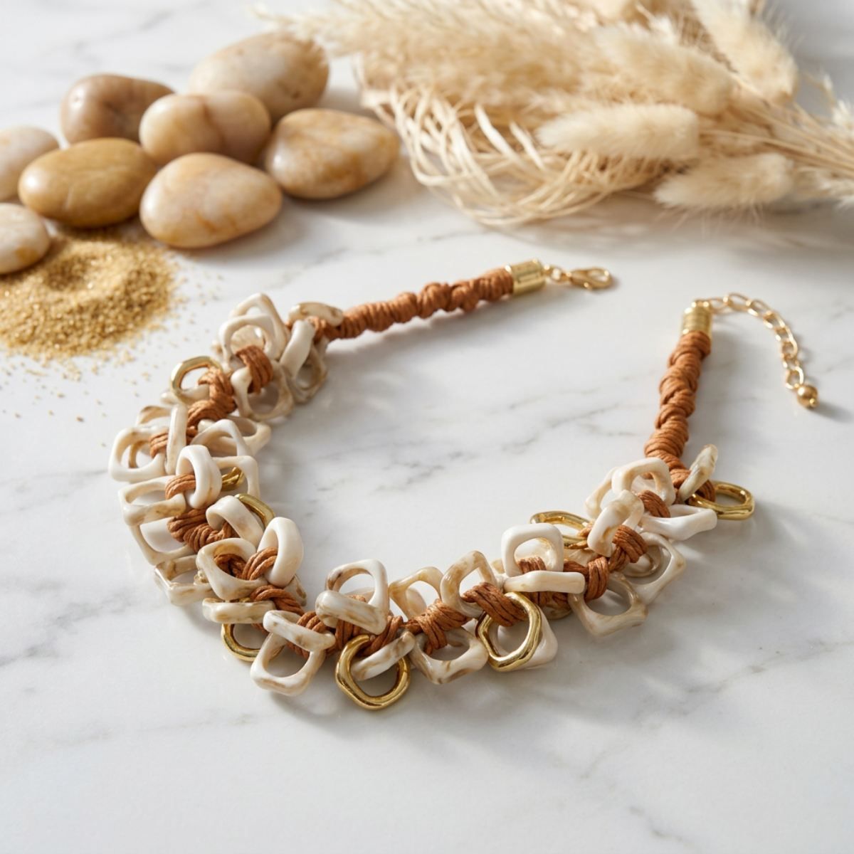 Tribal Marble Ivory Square Leather Woven Necklace