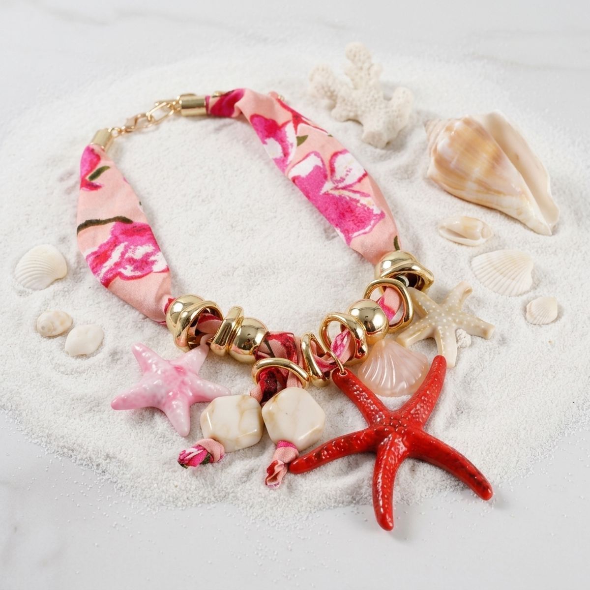 Pink Fabric Starfish and Seashell Charm Necklace