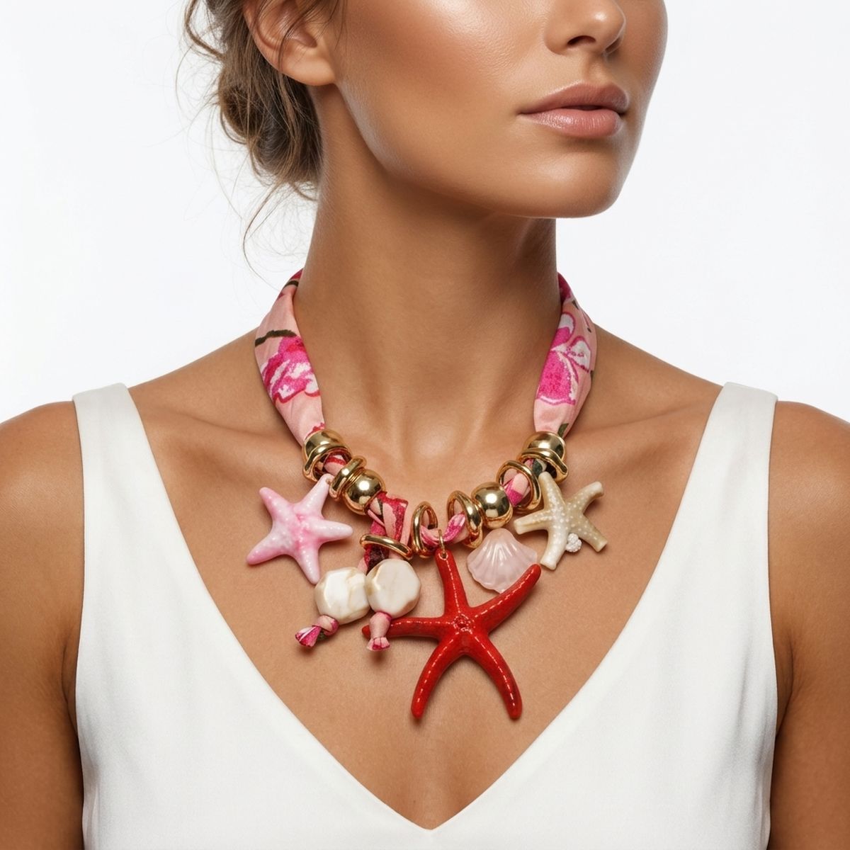 Pink Fabric Starfish and Seashell Charm Necklace