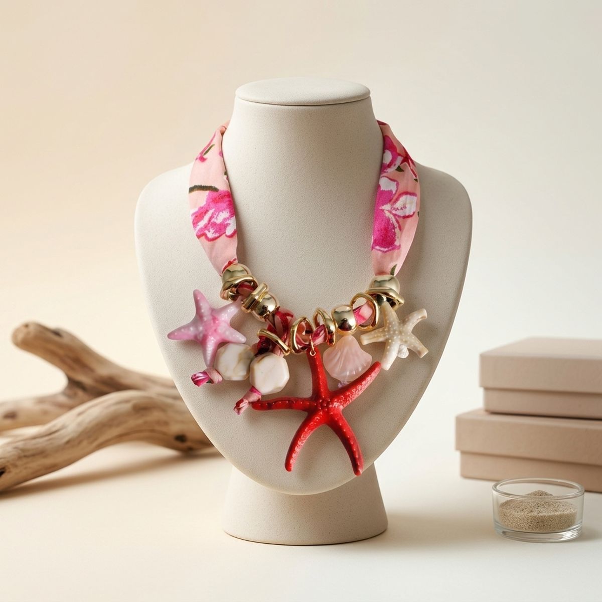 Pink Fabric Starfish and Seashell Charm Necklace