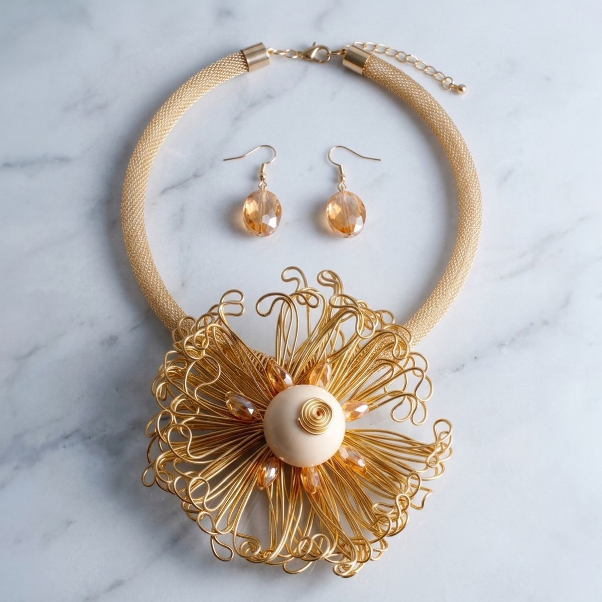 Gold Wire Beaded Sunburst XL Pendant Necklace