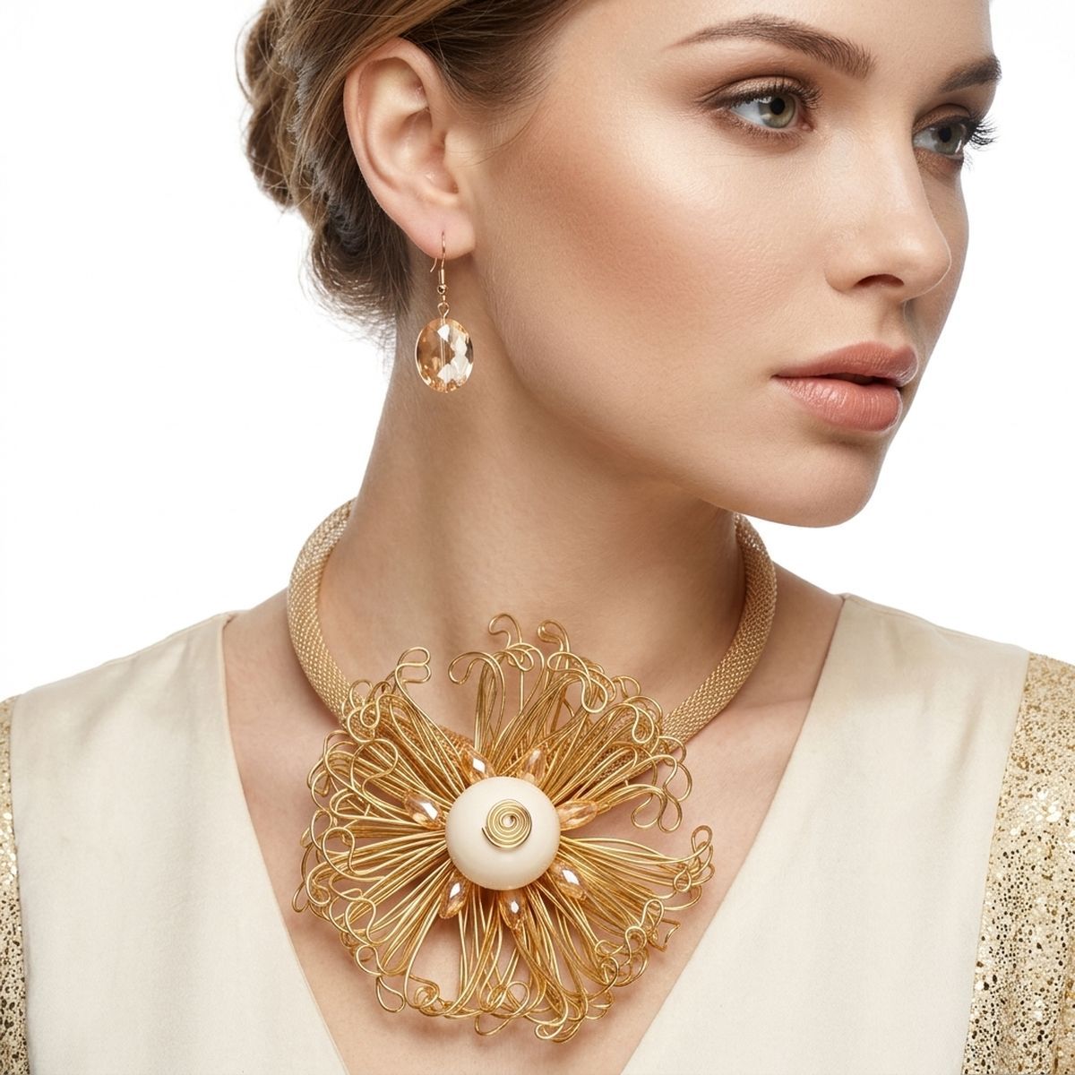 Gold Wire Beaded Sunburst XL Pendant Necklace