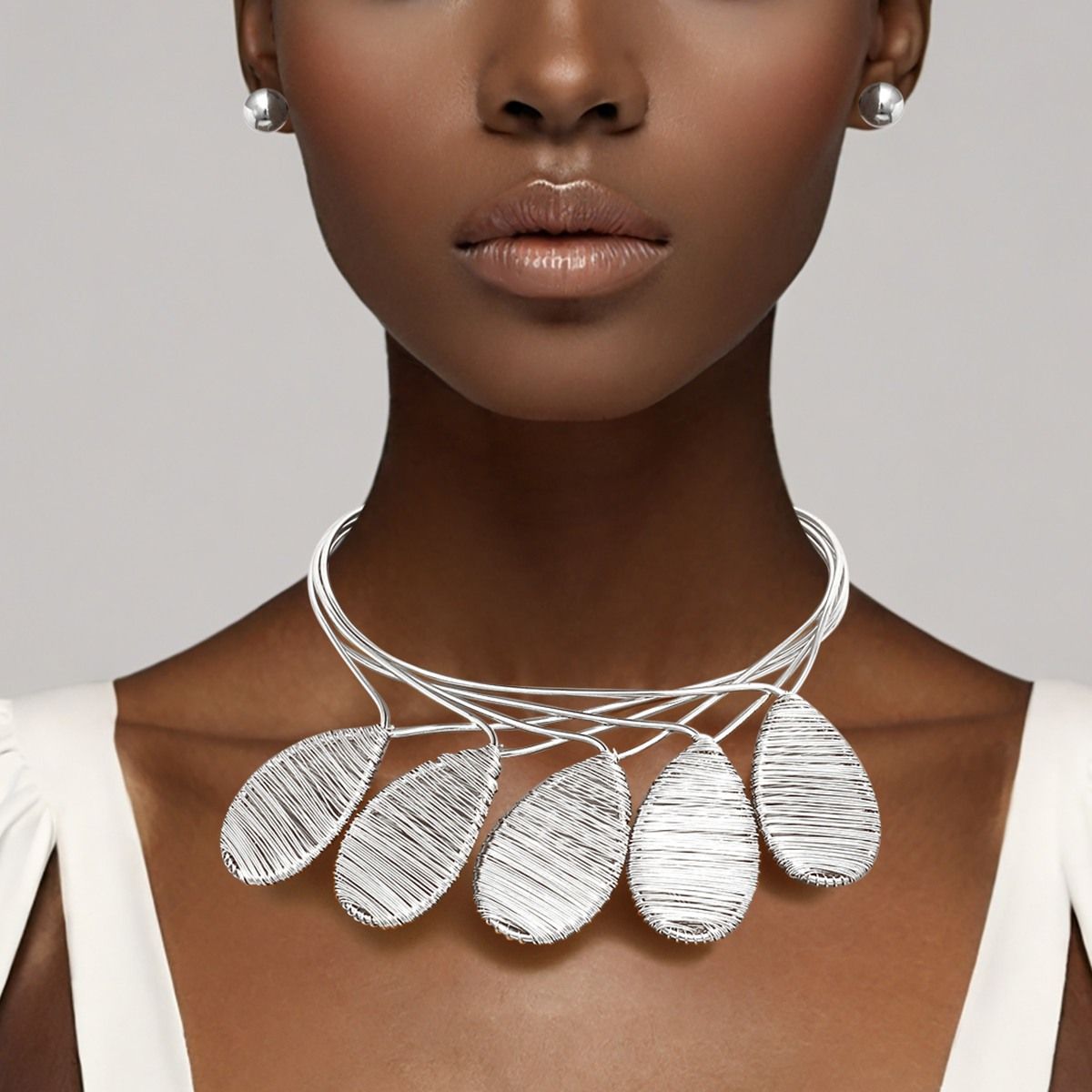 Bib Silver Metal Wire Teardrop Sculpted Necklace