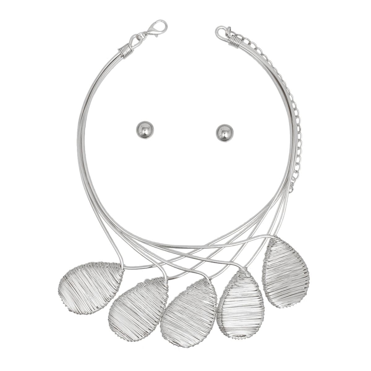 Bib Silver Metal Wire Teardrop Sculpted Necklace