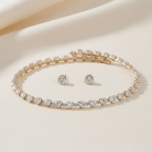 Tennis Heart Crystal CZ Gold Memory Wire Necklace