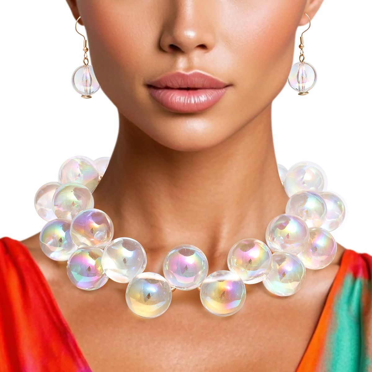 Necklace Clear Iridescent Bubble Ball Bead Gold