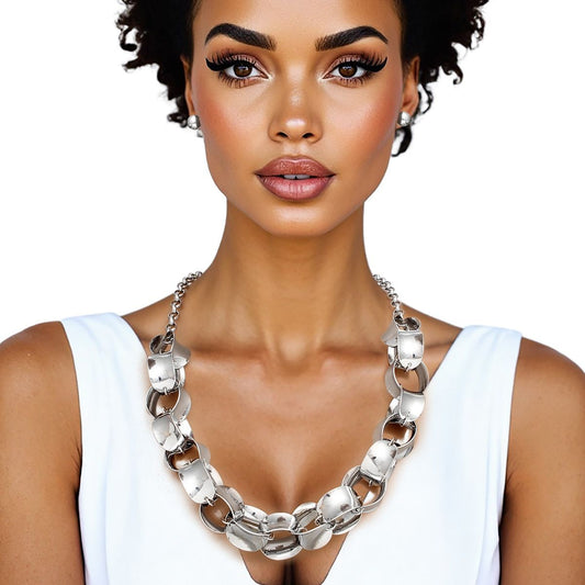 Chain Polished Silver Oval Link Long Necklace