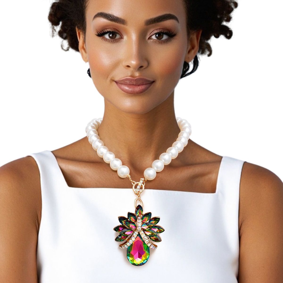 Toggle Pearl and Pink Green Glass Pendant Necklace