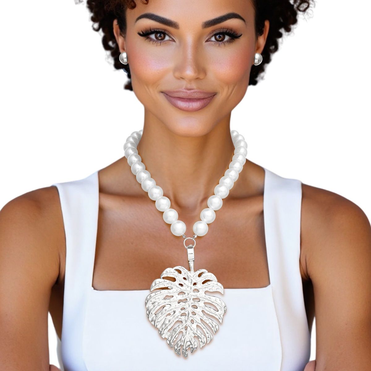 White Pearl Silver Palm Leaf Pendant Necklace