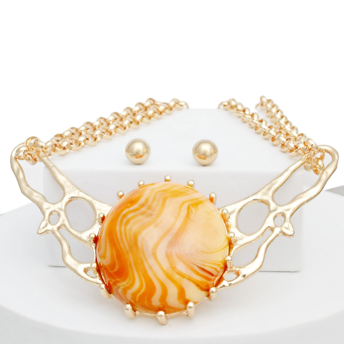 Collar Orange Resin Dome Gold Chain Necklace Women