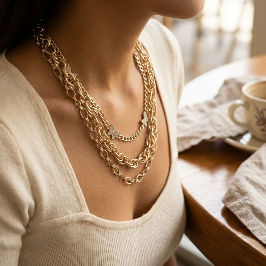 Gold Mixed Chain Stone Butterfly 3 Layer Necklace