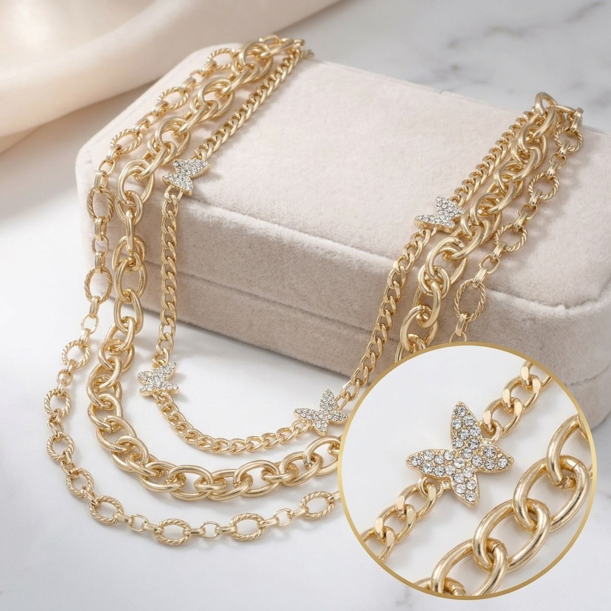Gold Mixed Chain Stone Butterfly 3 Layer Necklace