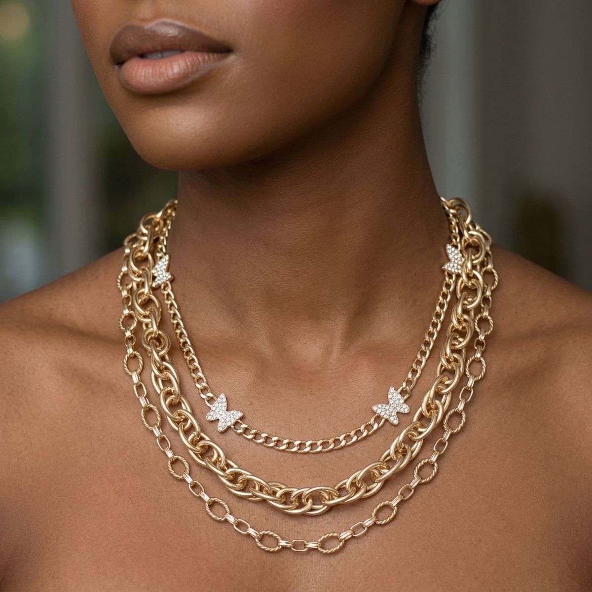 Gold Mixed Chain Stone Butterfly 3 Layer Necklace