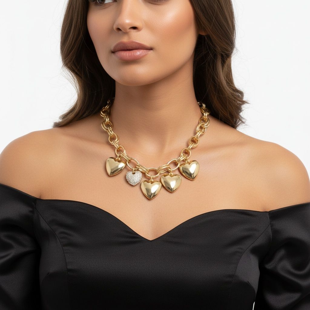 Chain Gold Puffy Heart Aurbo Stone Charm Necklace