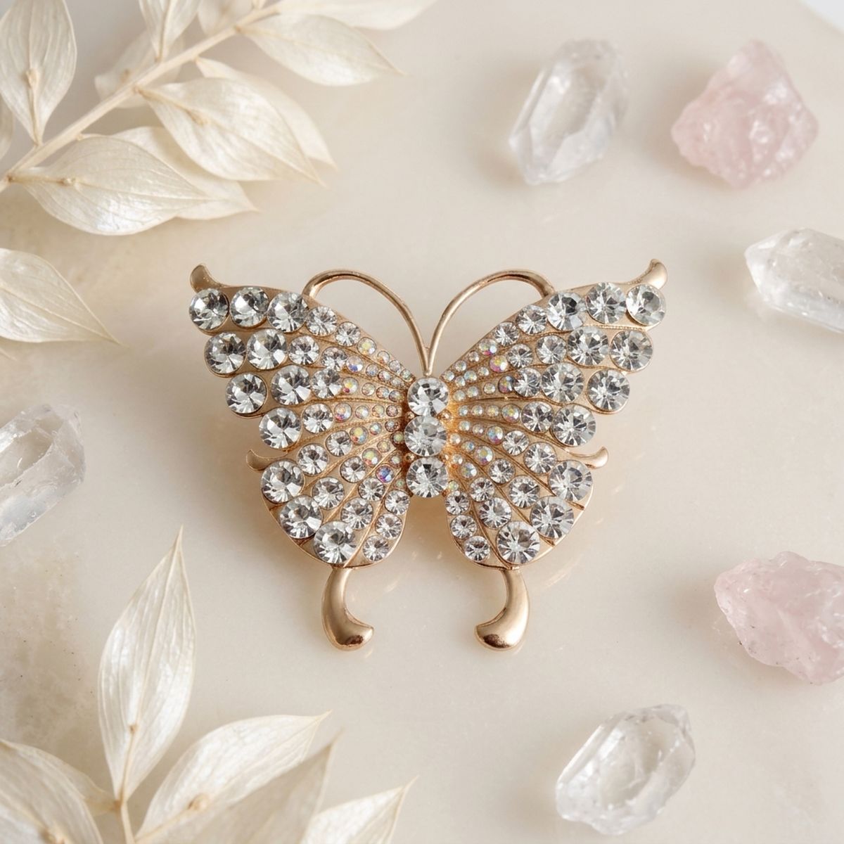 Gold Butterfly Large Brooch Pin with Crystals