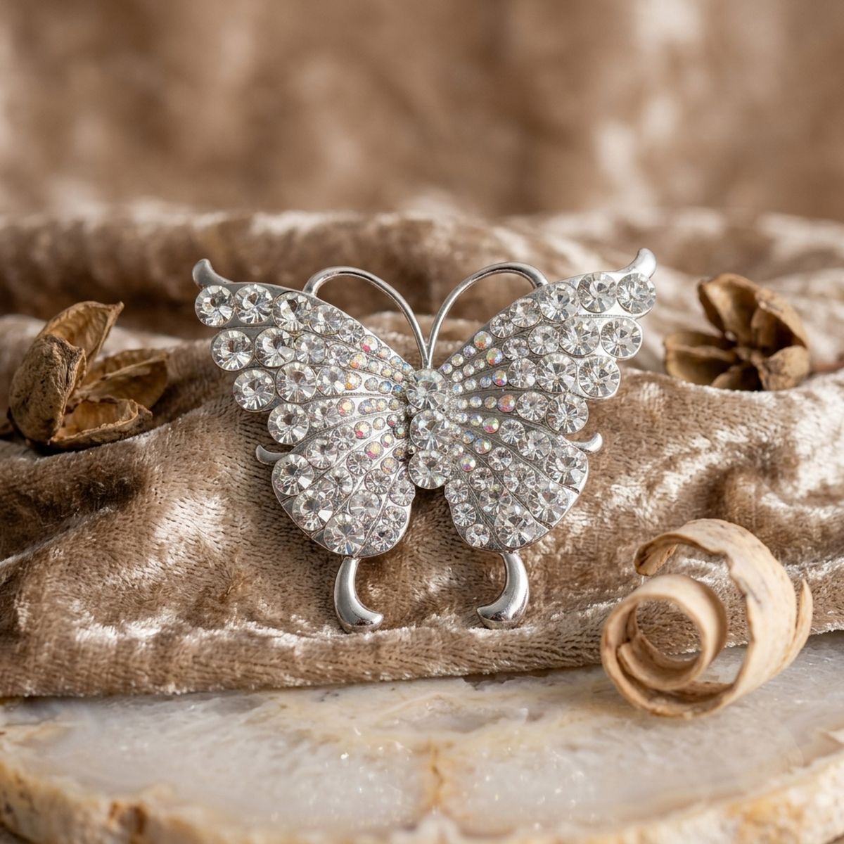 Silver Butterfly Large Brooch Pin with Crystals