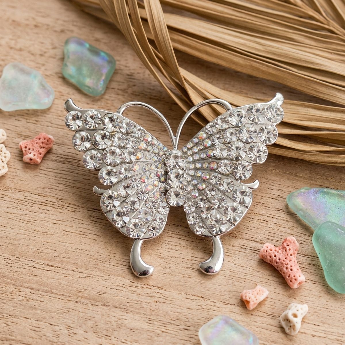 Silver Butterfly Large Brooch Pin with Crystals