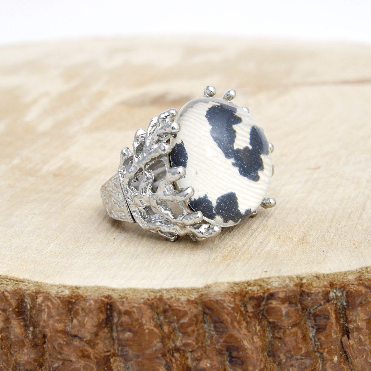 Cocktail Leopard Print Round Silver Stretch Ring