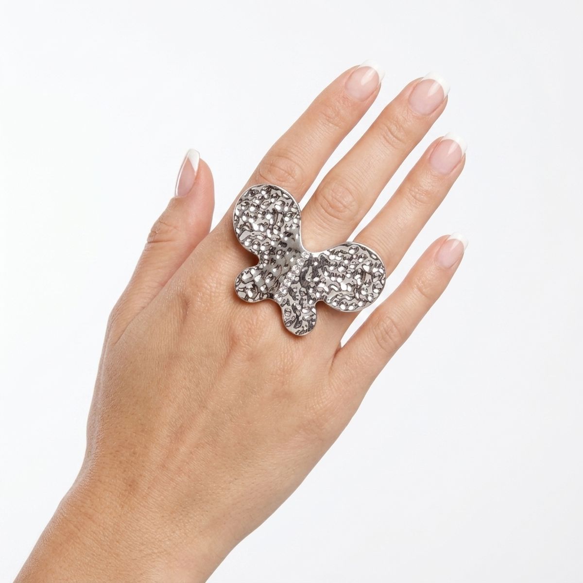 Silver Hammered Butterfly Large Cocktail Ring