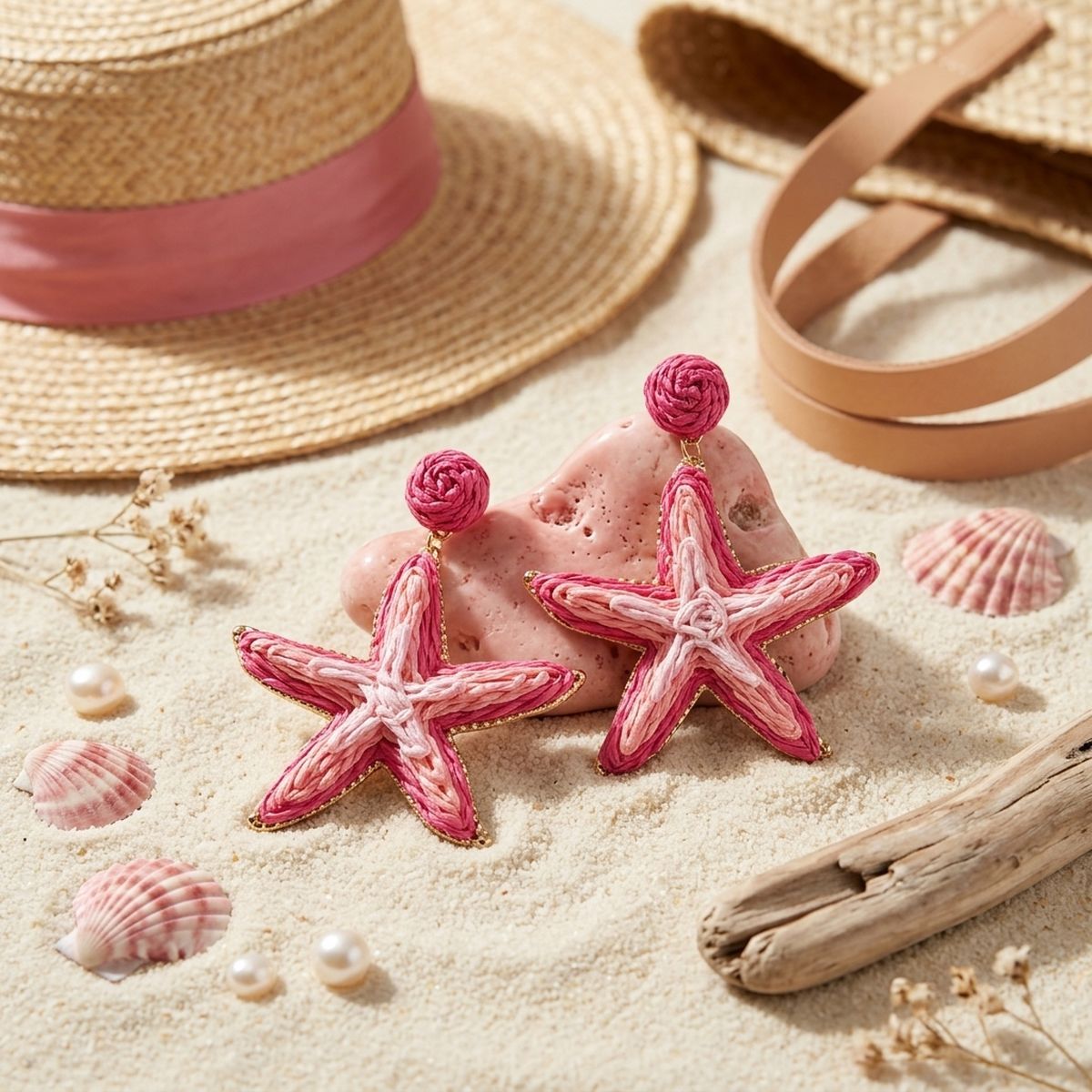 Layered Fuchsia Pink Raffia Starfish Drop Earrings