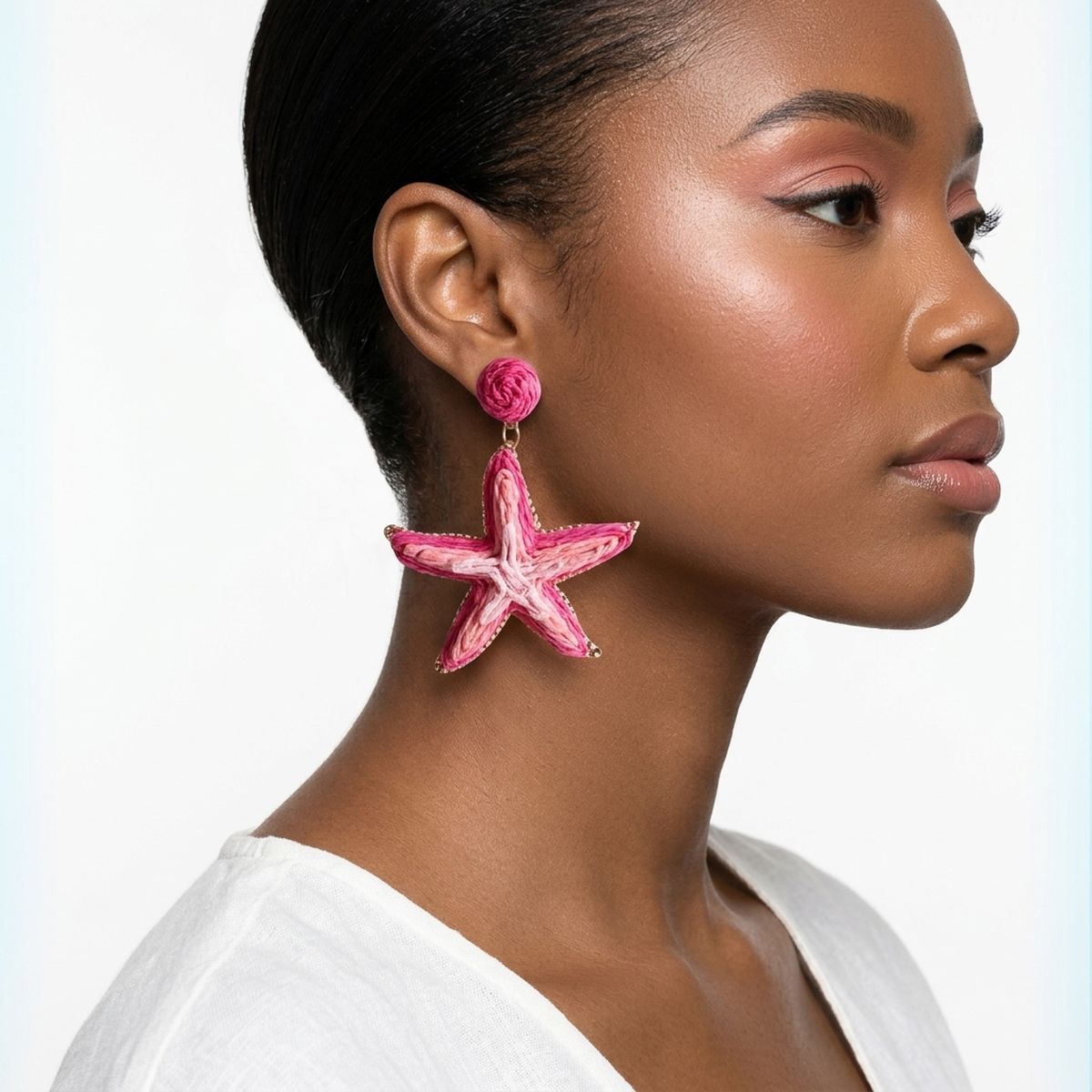 Layered Fuchsia Pink Raffia Starfish Drop Earrings