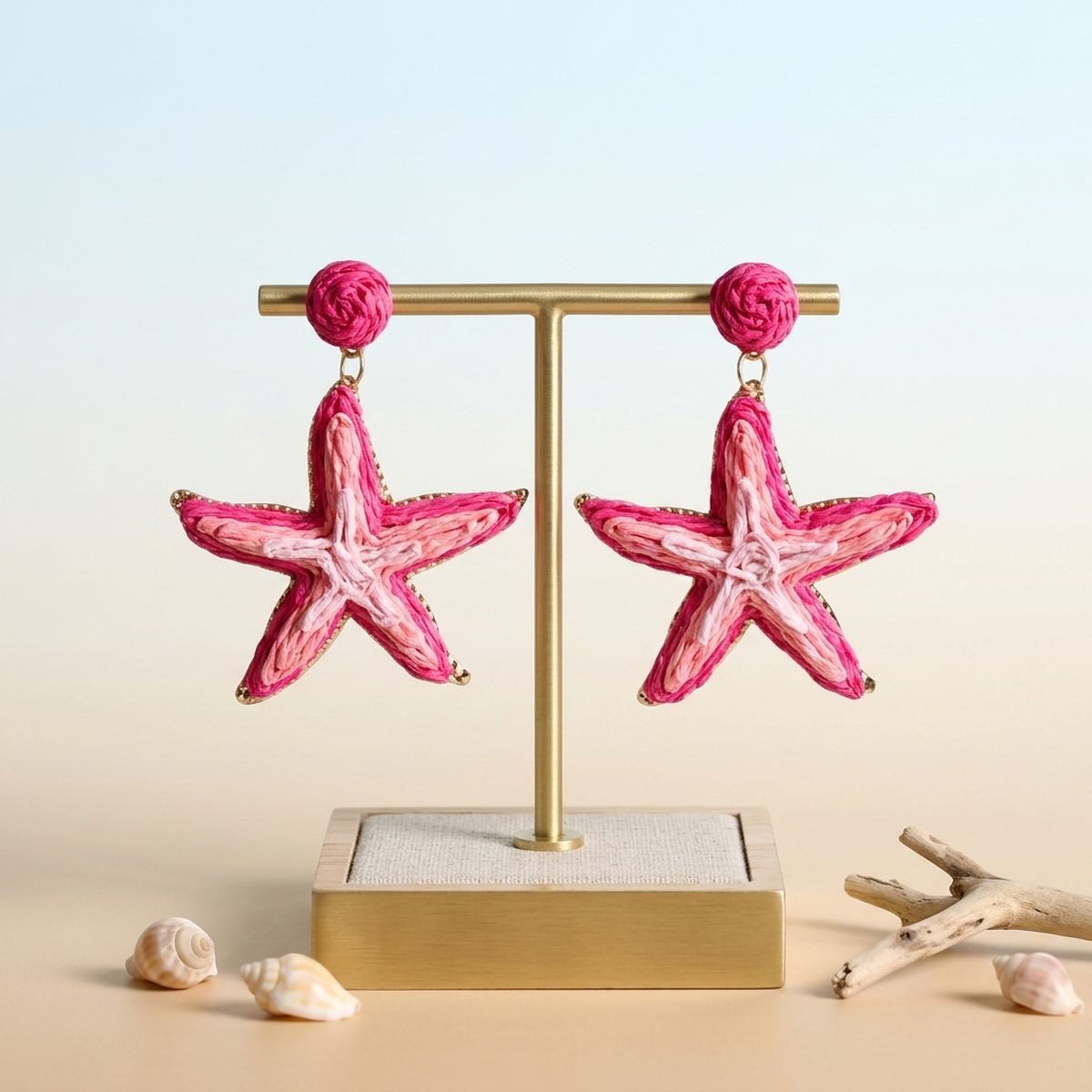 Layered Fuchsia Pink Raffia Starfish Drop Earrings