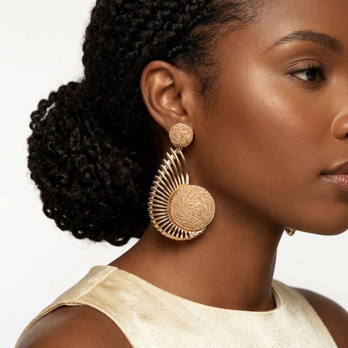 Egyptian Wing with Brown Raffia Drop Earrings