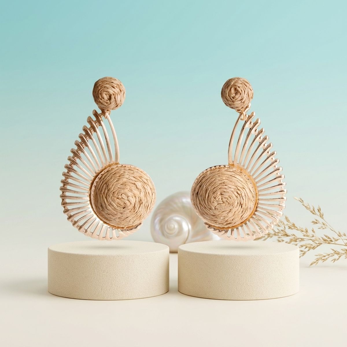 Egyptian Wing with Brown Raffia Drop Earrings