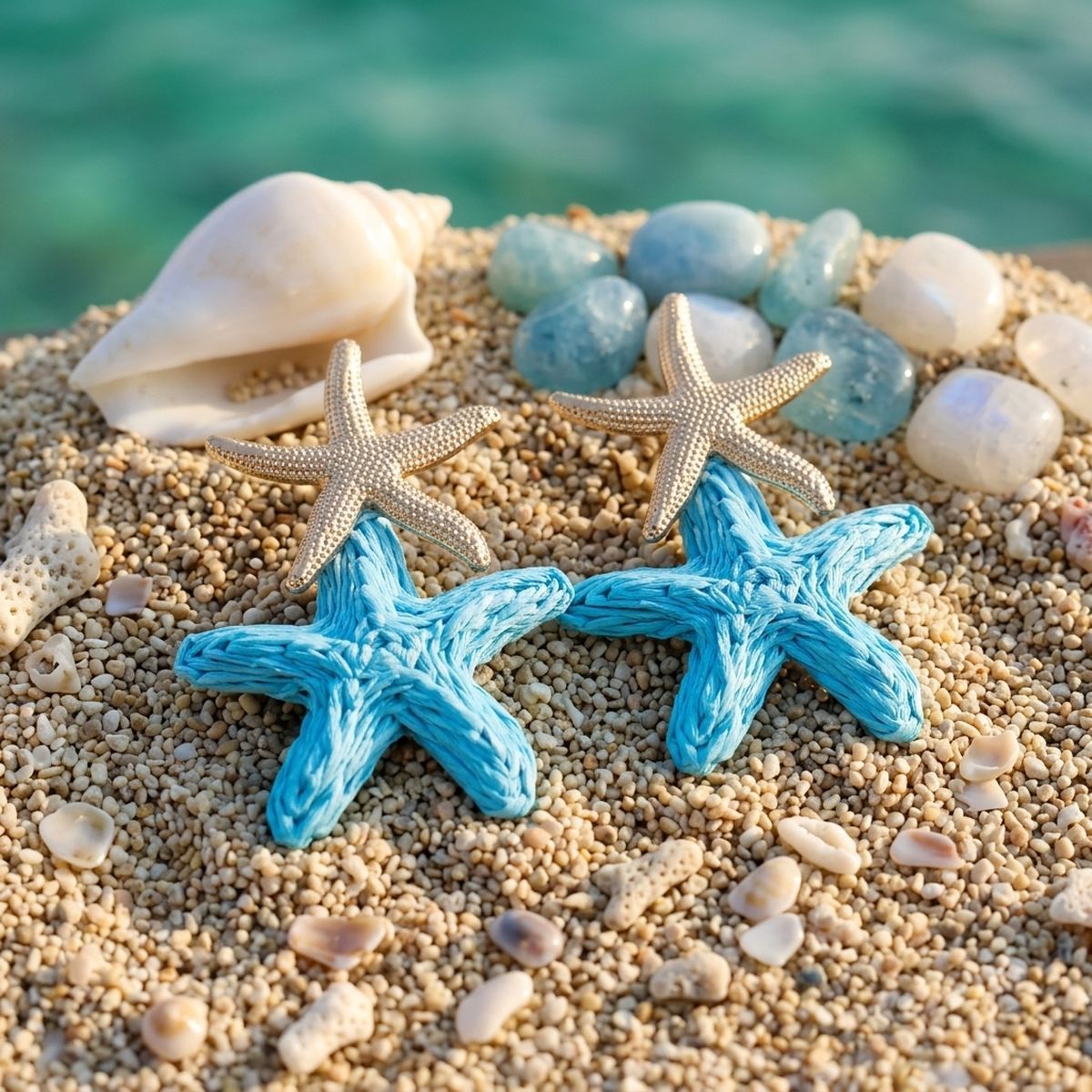 Aqua Blue Raffia Starfish Drop Earrings