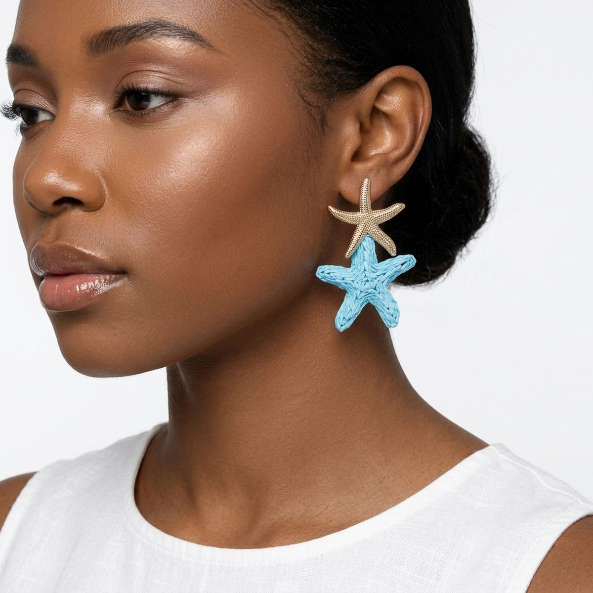 Aqua Blue Raffia Starfish Drop Earrings