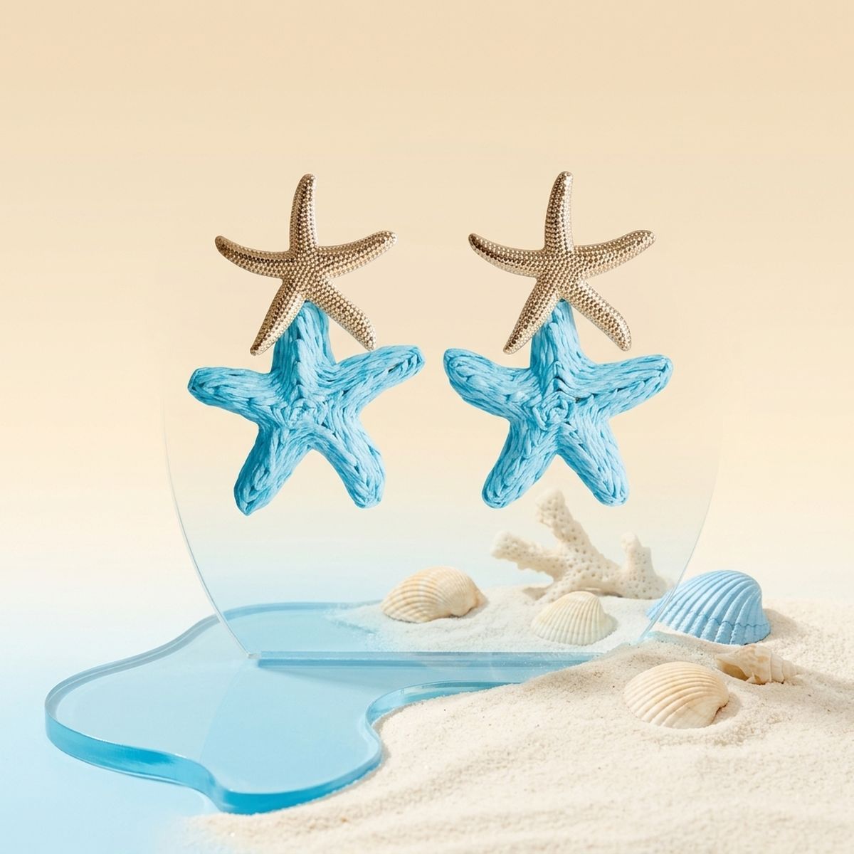 Aqua Blue Raffia Starfish Drop Earrings