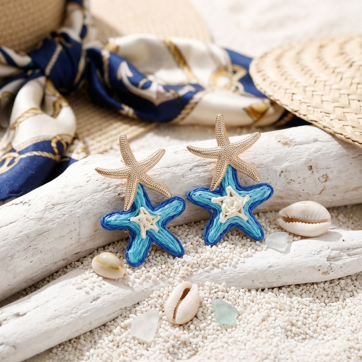 Layered Blue Raffia Starfish Drop Earrings