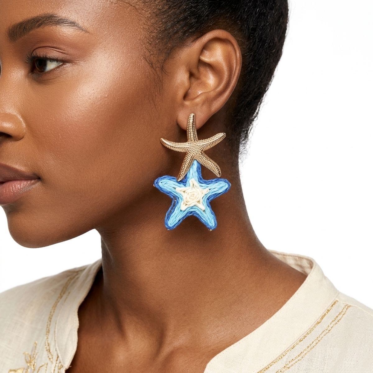 Layered Blue Raffia Starfish Drop Earrings