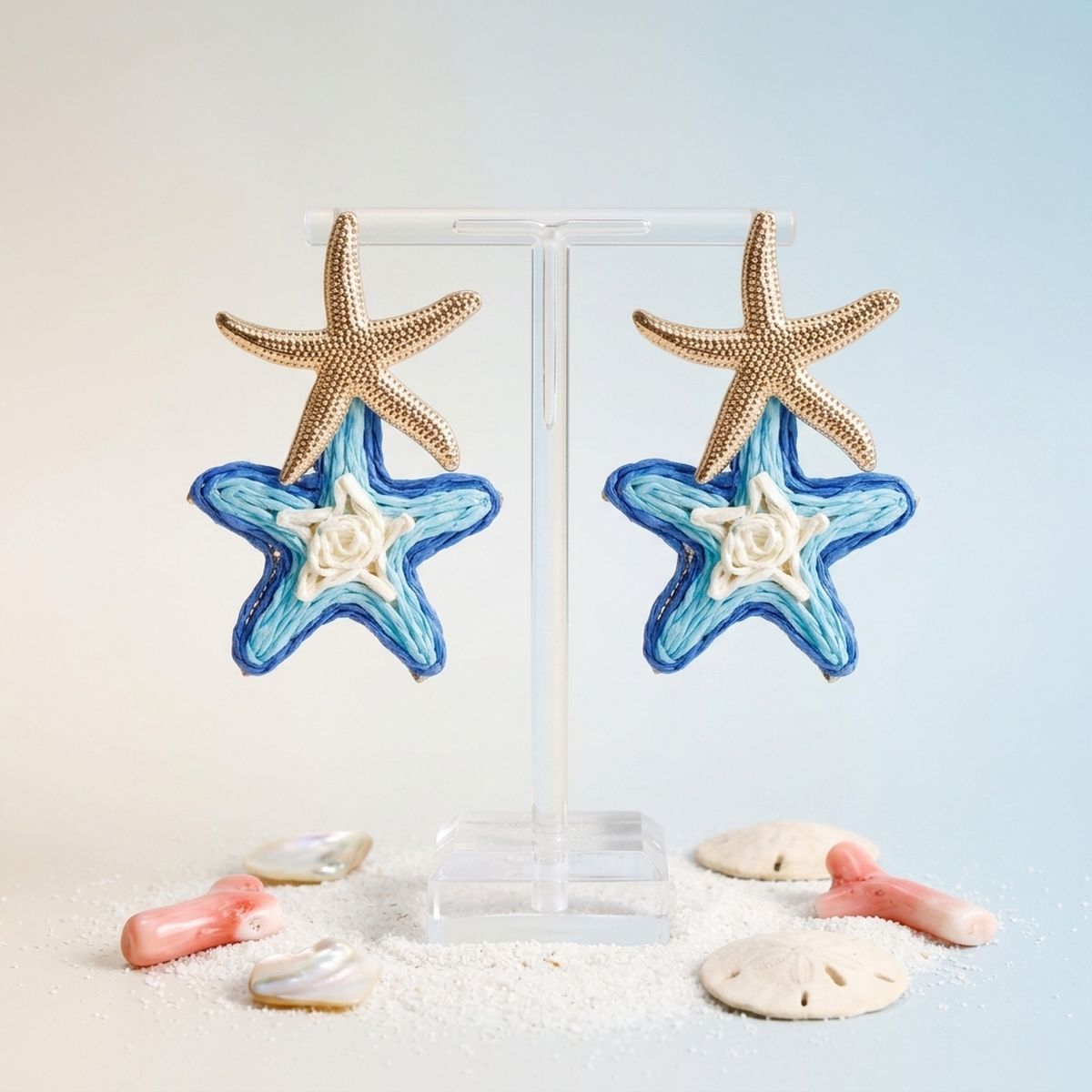 Layered Blue Raffia Starfish Drop Earrings