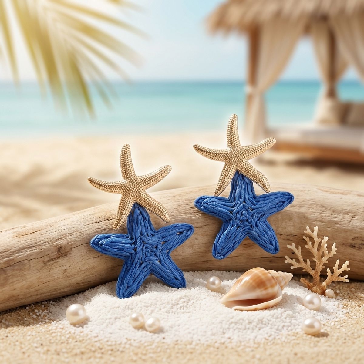 Royal Blue Raffia Starfish Drop Earrings