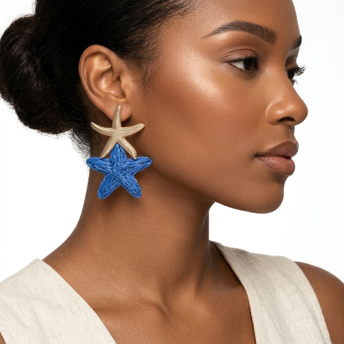 Royal Blue Raffia Starfish Drop Earrings