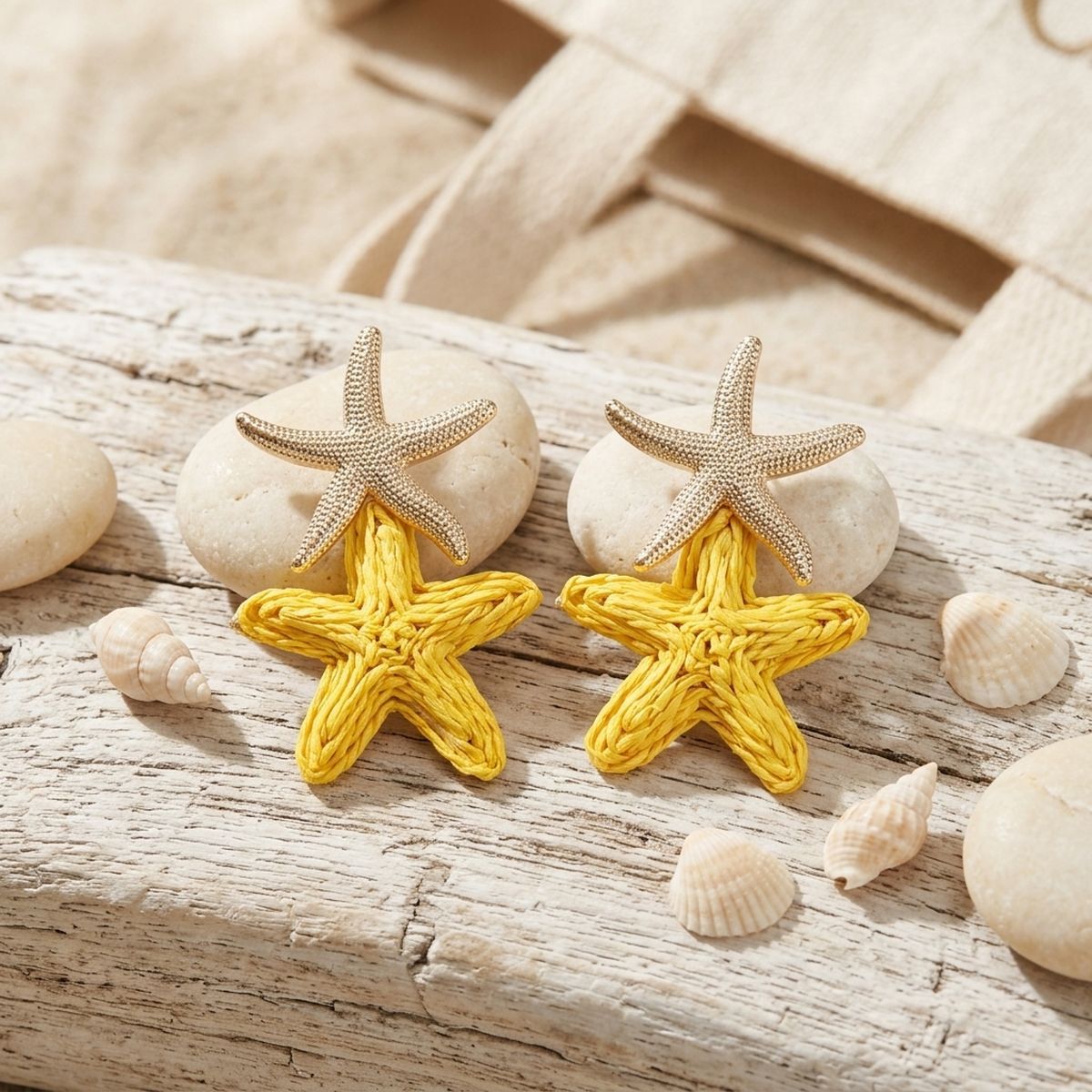 Sunny Yellow Raffia Starfish Drop Earrings