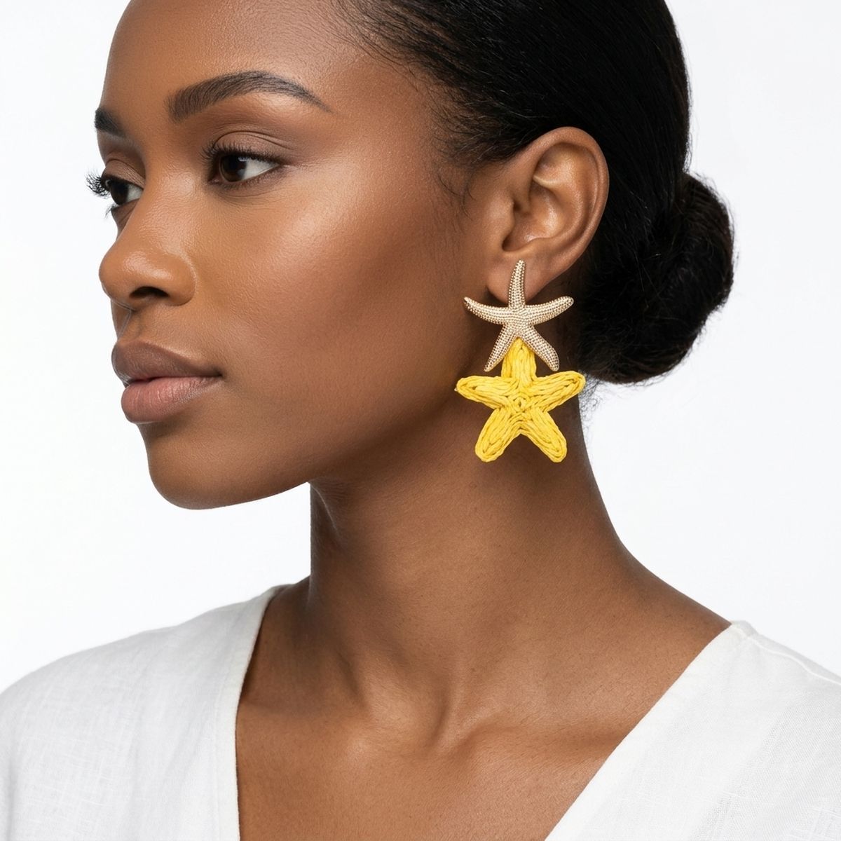 Sunny Yellow Raffia Starfish Drop Earrings