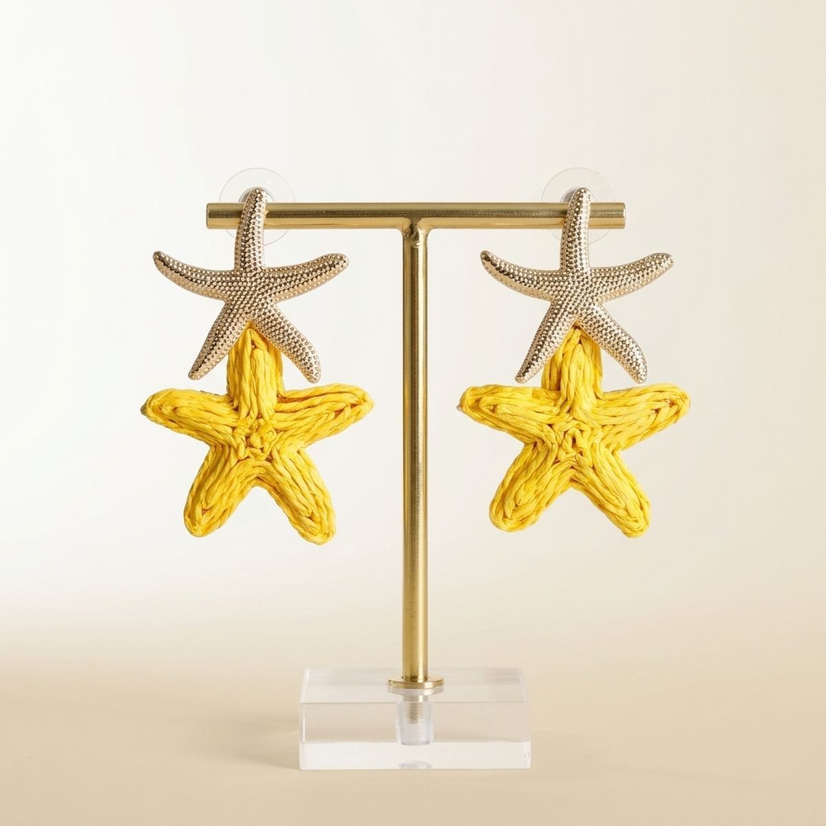 Sunny Yellow Raffia Starfish Drop Earrings