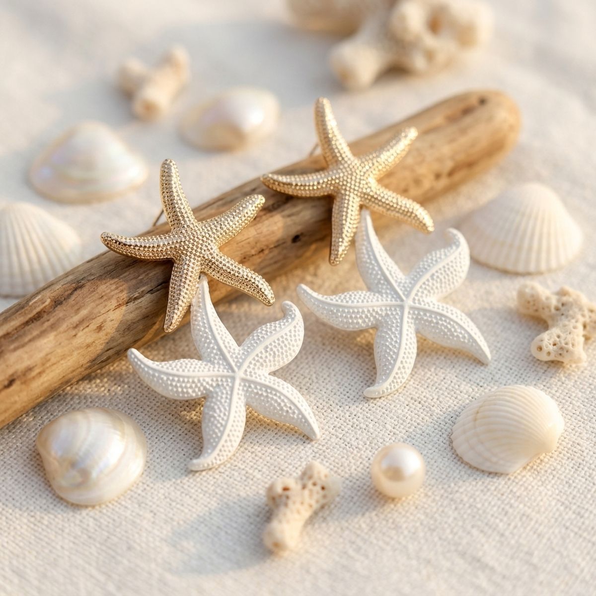 White and Gold Starfish Drop Earrings