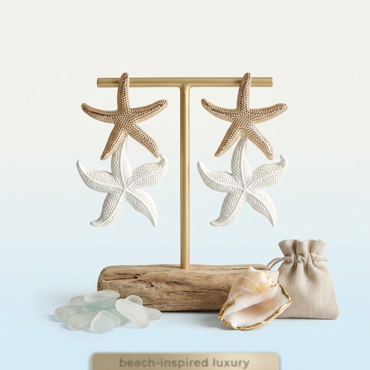 White and Gold Starfish Drop Earrings