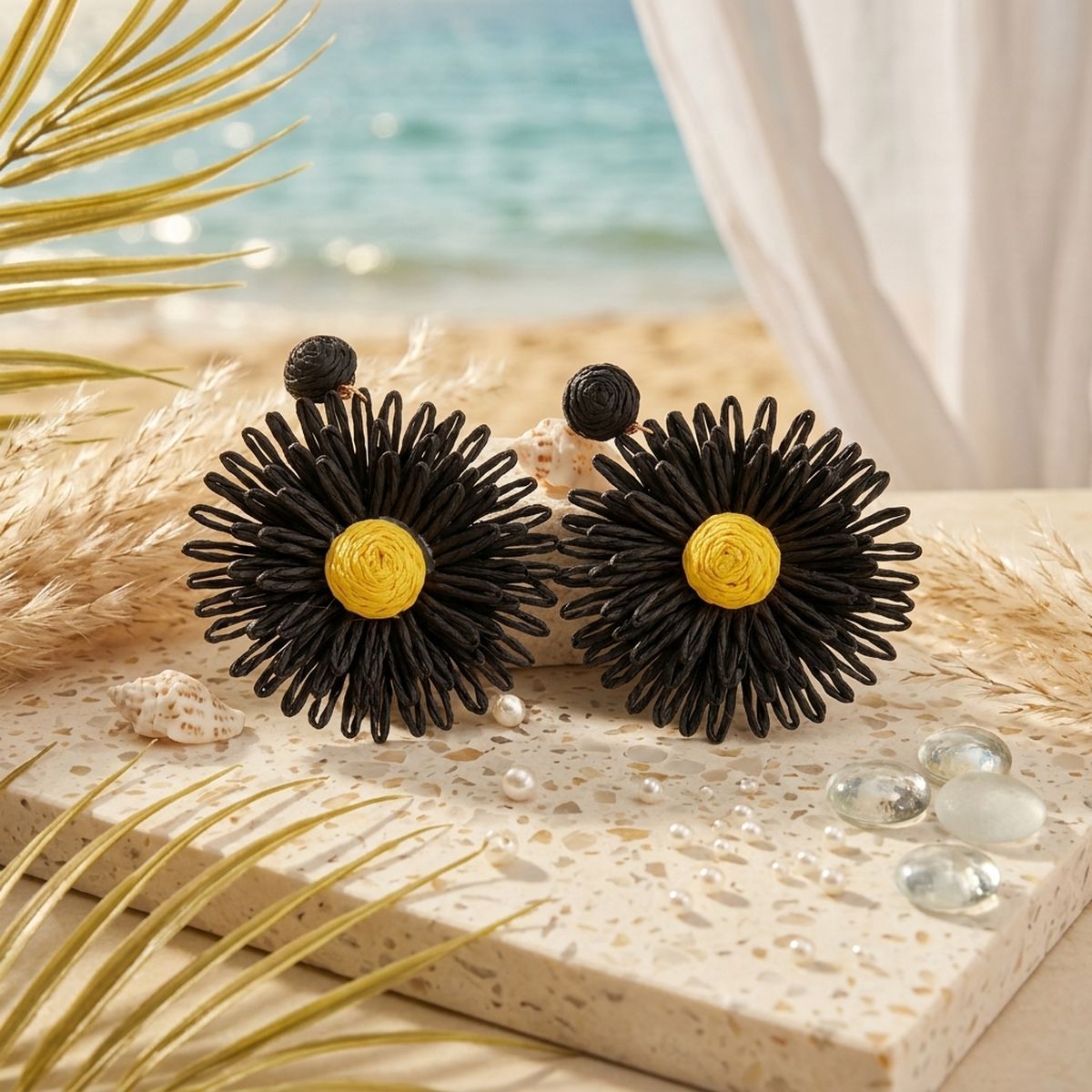 Looped Rich Black Raffia Sunflower Drop Earrings