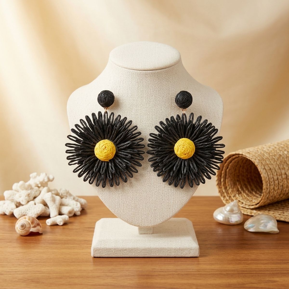 Looped Rich Black Raffia Sunflower Drop Earrings