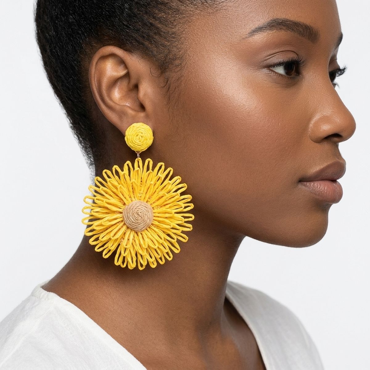 Looped Sunny Yellow Raffia Sunflower Drop Earrings