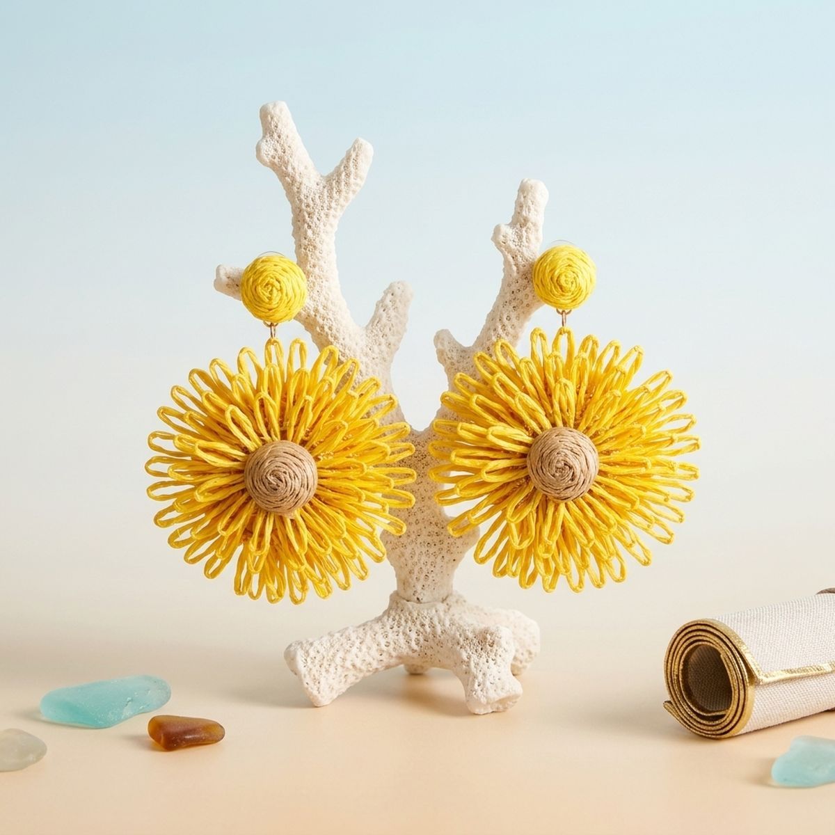 Looped Sunny Yellow Raffia Sunflower Drop Earrings