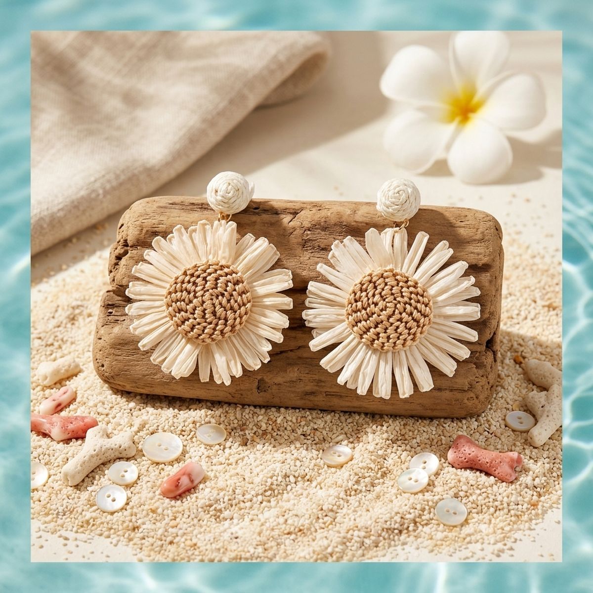 Looped Ivory Straw Raffia Sunflower Drop Earrings