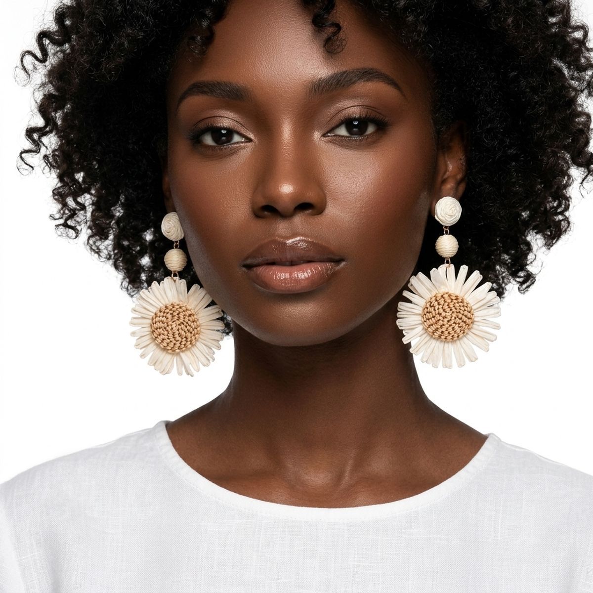 Looped Ivory Straw Raffia Sunflower Drop Earrings